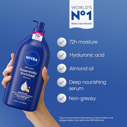 Nivea Essentially Enriched Body Lotion For Very Dry Skin With Hyaluronic Acid Almond Oil And Deep Nourishing Serum 72-Hour Body Moisturizer 33.8 Fl Oz Value Size Pump Bottle