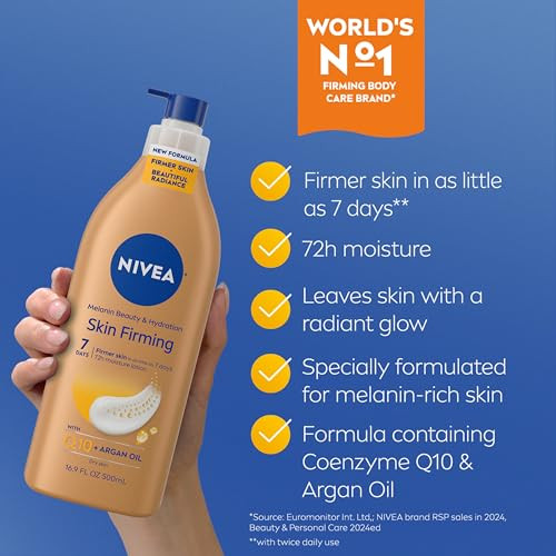 Nivea Skin Firming Melanin Beauty & Hydration Body Lotion With Q10 And Argan Oil Firmer Skin In As Little As Seven Days 16.9 Fl Oz Pump Bottle