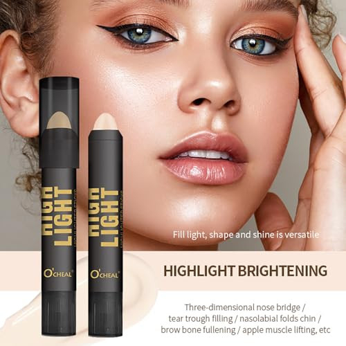O'Cheal 2 Pcs Cream Contour Sticks - Moisturize Highlighter And Bronzer Stick - Lightweight & Powder- & Long-Lasting - Easy Face Contouring For A Naturally Soft Makeup Look