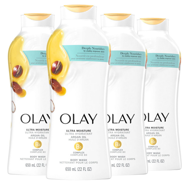 Olay Body Wash For Women Age Defying With Vitamin E 24Hr Moisturizing Hydrating & Refreshing B3 Vitamin Complex  Of Parabens & Phthalates For All Skin Types Scented 22 Fl Oz (Pack Of 4)