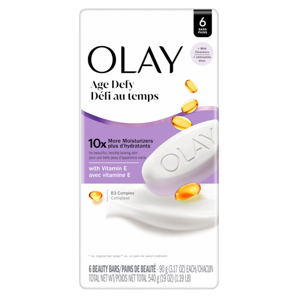 Olay Beauty Bar Age Defying 10X More Moisturizers Smooth & Gentle On Skin Vitamin E & Vitamin B3 Complex For All Skin Types Shea Butter Scent 3.17 Oz (Pack Of 6)