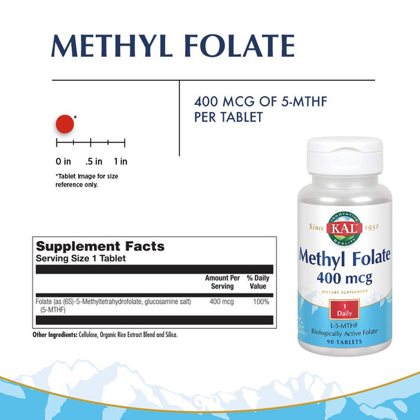 Kal 400 Mcg Methyl Folate Tablets, 90 Count