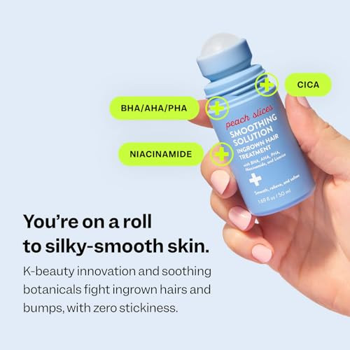Peach Slices - Smoothing Solution Ingrown Hair Treatment (1.69 Oz) - Smooth Relieve Soften Skin - 360 Roller - Bha Aha Pha Niacinamide Licorice - Vegan & Cruelty  - Korean Skin Care & Beauty