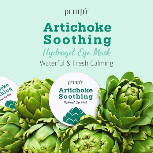 Petitfee Artichoke Soothing Hydrogel Eye Mask 60Ea (30Pairs) - Soothing Eye Patch With Artichoke Mugwort Cabbage Broccoli Extracts Hydrates Under Eye Area Cooling Calming Refreshing Eye Care