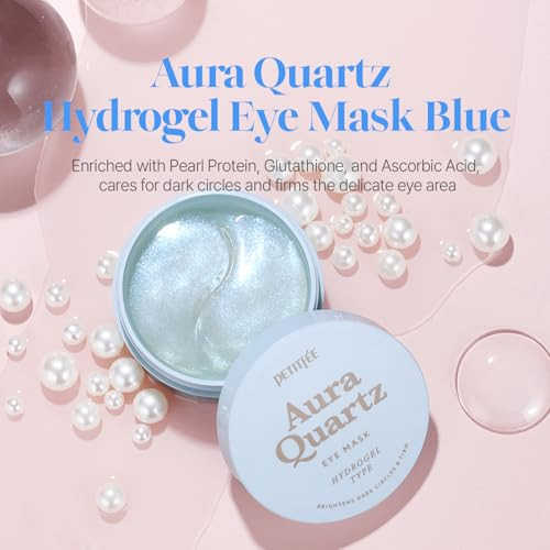 Petitfee Aura Quartz Hydrogel Eye Mask Blue 60 Pcs (30 Pairs) - Eye Patch For Dark Circles Brightens Under Eyes Glutathione Ascorbic Acid Puffy Eye Bags Cooling Firms Eye Area Intense Hydration