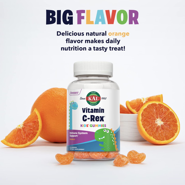 KAL Vitamin C-Rex Kids’ Gummies, Vitamin C Gummies for Kids, Healthy Immune, Bone, Muscle & Skin Support Vitamin C Gummy, Vegan, Gluten , 60 Day  , 30 Servings, 60 Gummies