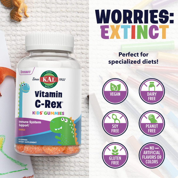 KAL Vitamin C-Rex Kids’ Gummies, Vitamin C Gummies for Kids, Healthy Immune, Bone, Muscle & Skin Support Vitamin C Gummy, Vegan, Gluten , 60 Day  , 30 Servings, 60 Gummies