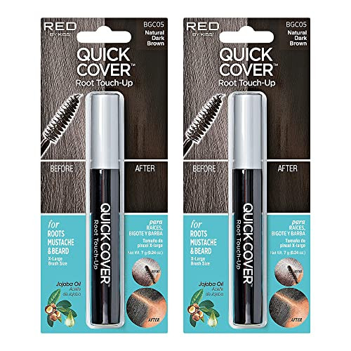 Red By Kiss Quick Cover Root Touch Up Rescue (Natural Dark Brown 2 Pack) Mascara Natural Water-Resistant Temporary Gray Concealer Cover Up Brush For Hair Mustache & Beard Formulated With Jojoba Oil