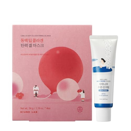 Round Lab Birch Juice Moisturizing Uvlock Sunscreen+Camellia Deep Collagen Firming Mask 4Ea Set  Collagen Mask Glass Skin Spf45 Sunscreen Hydration Korean Sunscreen
