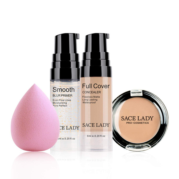 Sace Lady Waterproof Full Coverage Concealer With Primer Sponge Set Smooth Matte Flawless Creamy Liquid Foundation Corrector Makeup Kit For Face Eye Dark Circles Spot Acne Scar Cover (0.2Fl Natural)