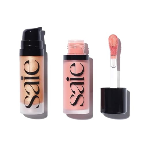 Saie Mini Glowy Super Gel Lightweight Llluminator & Makeup Primer - Sunglow (0.5 Oz) + Dew Blush - Lightweight Liquid Blush With A Blendable + Buildable Cream Finish - Rosy (.40 Oz)