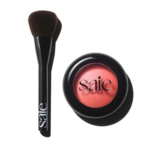 Saie Blush & Brush Duo - Supersuede Baked Blush In Stella (.01 Oz) & Powder Blush Brush - Talc- Moisturizing Blush With Vegan Fluffy Brush For Seamless Application