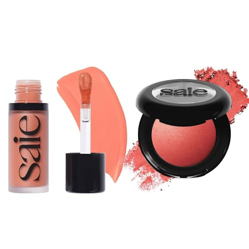 Saie Cheek Flush Duo - Dew Liquid Blush (.40 Oz Hottie) Supersuede Baked Powder Blush (.01 Oz Stella) - Layerable Skin-Nourishing Blushes For A Seamless Radiant Finish
