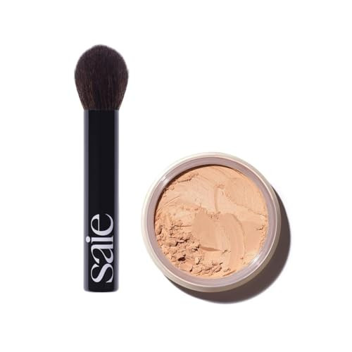 Saie Face Powder Duo Medium - The Fluffy Brush Soft Multi-Use Targeted Powder Brush With Tapered Tip & Airset Radiant Loose Setting Powder Translucent Medium (0.14 Oz) - Vegan Cruelty-Fee