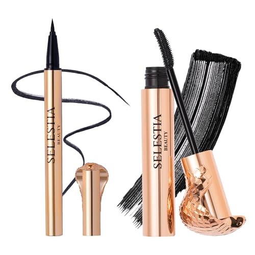 Selestia Beauty Liquid Eyeliner Pen & Curl Black Mascara - Queen Cobra Set - Black Eye Liner & Voluminous Mascara - Waterproof Eyeliner And Lash Definer For Snatched Eye Makeup