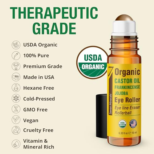 Seven Minerals Castor Oil Roll On Eye Roller For Under Eye Bags Dark Circles & Wrinkles - Powerful Organic Blend Of Castor Frankincense & Jojoba - Brighten And Revitalize Skin & Face - 0.33 Fl Oz