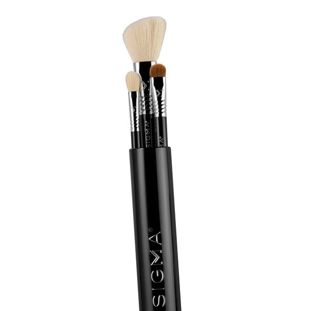 Sigma Beauty Travel Essential Trio - Makeup Brush Set For Foundation Powder Eyeshadow - 3 Tool Brushes With Brush Tin Holder - Skin Safe Vegan Makeup Brushes For Travel - Black