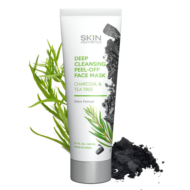Skin Aesthetics Charcoal & Tea Tree Peel-Off Face Mask - Blackhead Remover Acne Treatment Unclogs Pores Deep Cleansing - Dermatologist Tested Korean Skincare Clean Beauty Cruelty- - 6.7 Fl Oz
