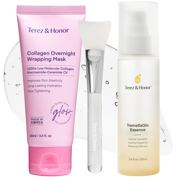 Terez & Honor Collagen Night Wrapping Peel Off Mask & Tremellaglo Essence Face Serum Day & Night Glow Duo For Elasticity Hydrating & Glow Korean Skincare Dermatologist Tested