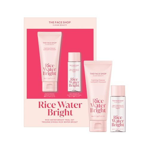 The Face Shop Rice Water Bright Vegan Double Cleanse Trial Set Travel Size Foaming Cleanser & Mini Cleansing Oil Korean Skin Care Gentle Face Cleanser & Pore Control Moisturizing Makeup Remover