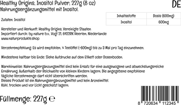 Healthy Origins, Inositol Powder, 600mg, 227g Vegan Powder, Lab Tested, Vitamin B8, Gluten Free, Soy Free, Vegetarian