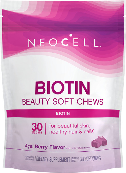 NeoCell Biotin Bursts, 10,000 mcg, Açai Berry Flavor, 30 Soft Chews (Package May Vary)