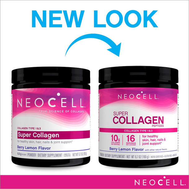 NeoCell Super Collagen Powder, 6,600mg Types 1 & 3 Grass-Fed Collagen, Gluten Free, Berry Lemon Flavor, 6.7 Ounces (Package May Vary)