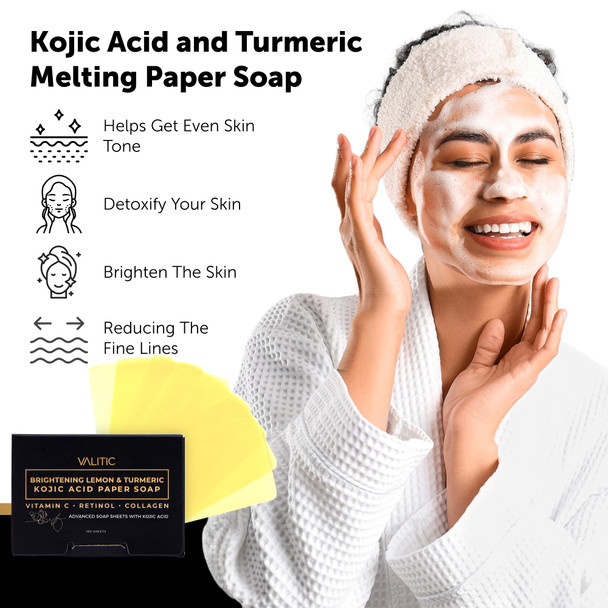 Valitic Turmeric Kojic Acid Cleansing Soap Melting Sheets - Dark Spot Corrector Paper Soap - 100 Travel Size Facial Exfoliating Sheets With Vitamin C Retinol Collagen - 2 Pack
