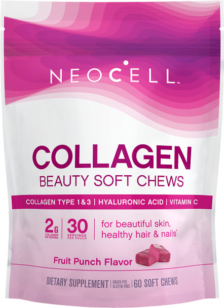 NeoCell Beauty Bursts Collagen Type 1 and 3, Fruit Punch Flavor 60 Soft Chews (Package May Vary)