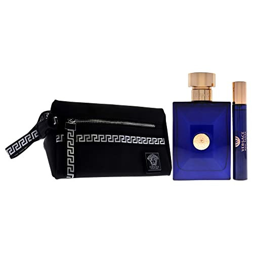 Versace Dylan Blue For Men 3 Piece  Set (Eau De Toilette Spray 3.4 Ounce + Travel Spray 0.34 Ounce + Versace Blue Trousse)
