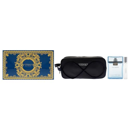Versace Eau Fraiche For Men 3 Piece Set (3.4 Oz Eau De Toilette Spray + 10Ml Travel Spray + Versace Blue Trousse)