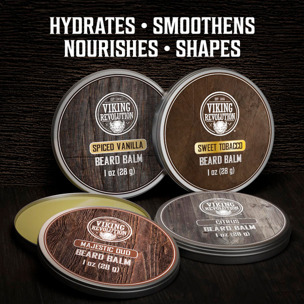 Viking Revolution 4 Beard Balm Variety Pack (1Oz Each) - Sandalwood Pine & Cedar Bay Rum Clary Sage - Styles Strengthens And Softens Beards And Mustaches - Wax For Men