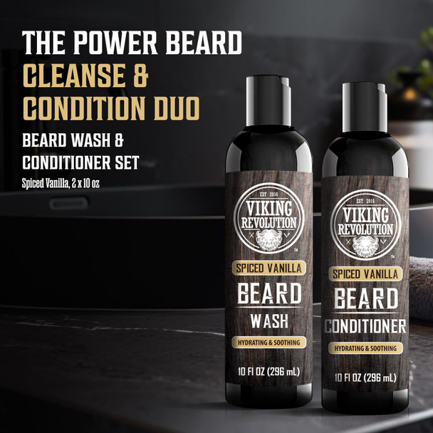 Viking Revolution Beard Wash And Beard Conditioner For Men With Argan Oil And Jojoba Oil - Beard Softener And Strengthener Beard Care Beard Shampoo And Conditioner With Beard Oil (5Oz Spiced Vanilla)