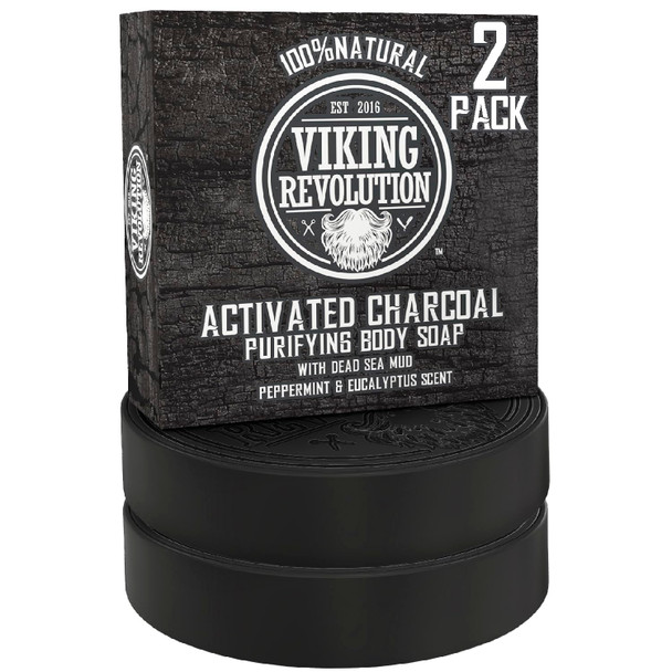 Viking Revolution Skin Cleaning Agent Activated Charcoal Soap For Men W/Dead Sea Mud Body And Face Cleansercleansing Blackheads - Peppermint & Eucalyptus Scent 6 Oz (Pack Of 2)