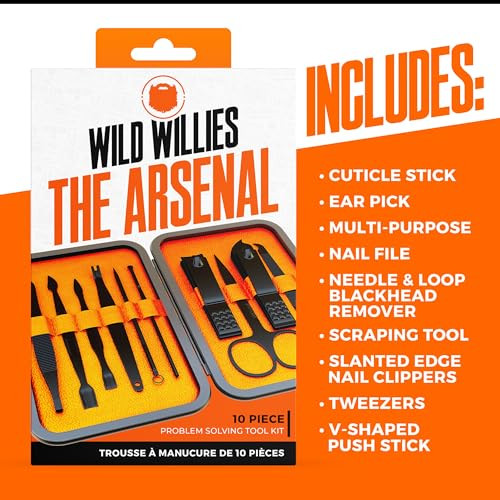 Wild Willies 10-Piece Pedicure & Manicure Kit For Men & Women - Includes Nail Clippers Scissors Tweezers Files - Compact Travel Nail Grooming Kit Mens Nail Care Set