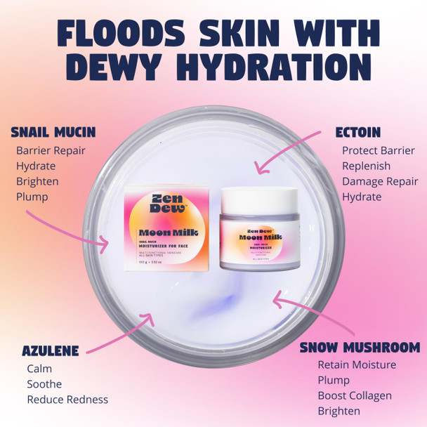 Zen Dew Moon Milk Snail Mucin Moisturizer Gel Cream (3.52 Oz) Korean Snail Mucin Serum Cream That Replenishes Moisture & Leaves Skin Brighter Plumper Soothed & Smooth