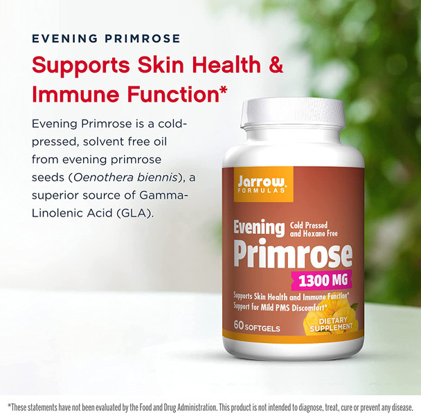 Jarrow Formulas Evening Primrose 1300 mg - 60 Softgels - Superior Source of GLA - Supports Skin Health & Immune Function - Support for Mild PMS Discomfort - Up to 60 Servings
