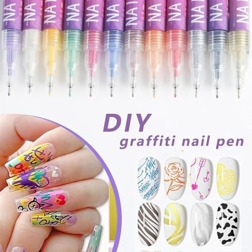Bangfeng 12 Colors Nail Art Pens Set 0.5Mm Ultra-Fine Tip Nail Marker For Diy Manicure Designs Water-Based Quick-Dry Nail Art Tools For Outlining Detailing & Creative Nail Drawing For Home & Salon