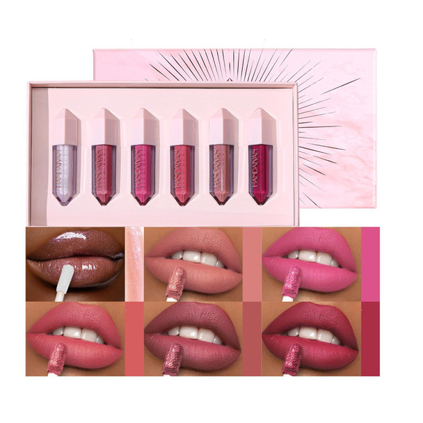 Bangfeng 6Pcs Diamond Lip Gloss Set Matte & Pearlescent Finish Long-Lasting Hydrating Lipstick Non-Sticky High-Pigment Formula For All-Day Wear Shimmer & Velvet Effect (Diamond A 1)