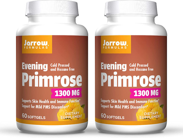 Jarrow Formulas Evening Primrose 1300 mg - 60 Softgels, Pack of 2 - Superior Source of GLA - Supports Skin Health & Immune Function - Support for Mild PMS Discomfort - Up to 120 Total Servings