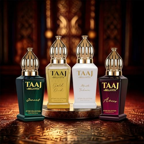 Bellavita Luxury Taaj Attar Long Lasting Unisex Set For Man And Woman 4X12Ml Caramel Lemon Cinnamon And Musk Non-Alcoholic Roll On Oud Floral Musk Attar For Men And Women