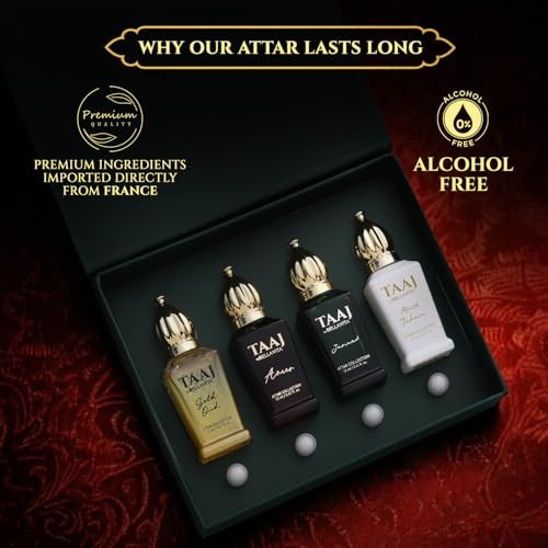 Bellavita Luxury Taaj Attar Long Lasting Unisex Set For Man And Woman 4X12Ml Caramel Lemon Cinnamon And Musk Non-Alcoholic Roll On Oud Floral Musk Attar For Men And Women