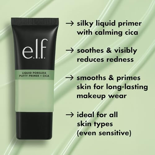 E.L.F. Liquid Poreless Putty Primer + Cica Face Primer For Gripping Makeup Visibly Reducing Redness & Soothing Skin Vegan & Cruelty-