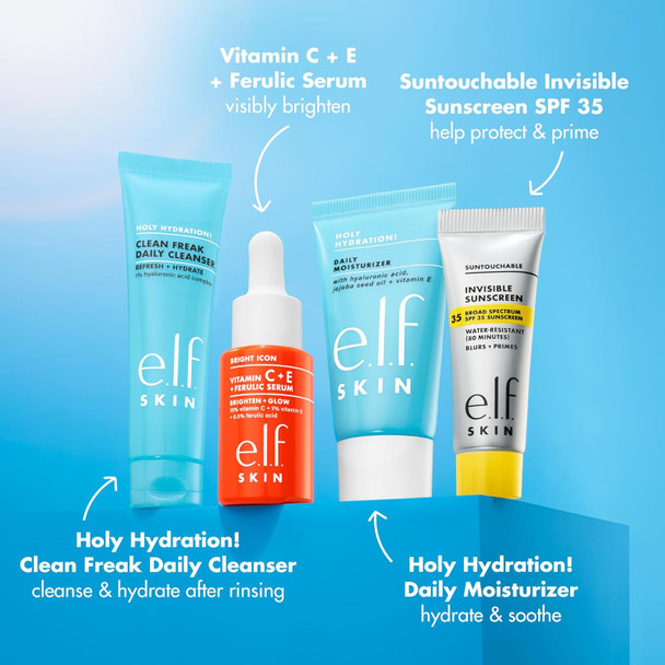 E.L.F. Skin Wake The E.L.F. Up Skincare Kit Travel-Size Hydrating Face Cleanser Sunscreen Moisturizer & Brightening Serum Vegan & Cruelty-