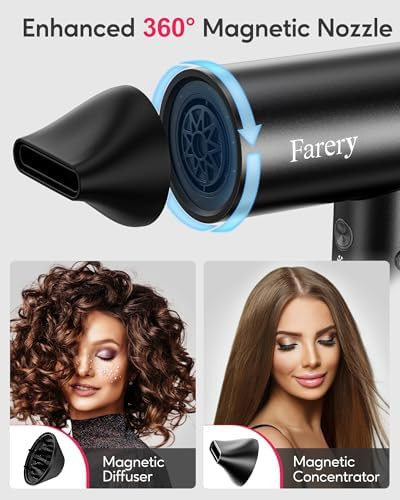 Farery Ionic Hair Dryer - Honeycomb Diffuser For Curly Hair & Even Lift 1400W & 110000 Rpm For Ultra-Fast Drying Frizz Control 4 Heat & 4 Speed Settings Magnetic Nozzle Hd Display