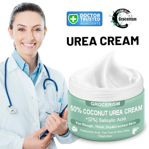 Grocerism Urea Cream 50 Percent For Feet With Coconut 5.29 Oz Foot & Hand Cream Maximum Strength With 2% Salicylic Acid Tea Tree And Aloe Vera For Deep Moisturizing And Callus Removing