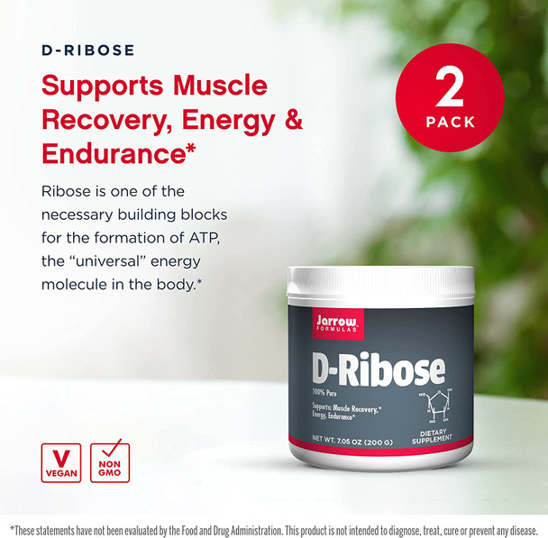 Jarrow Formulas D-Ribose Powder - 7.05 oz, Pack of 2 - Supports Muscle Recovery, Energy & Endurance - 100% Pure - Approx. 180 Total Servings