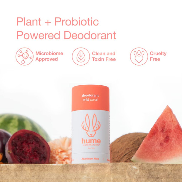Hume Supernatural Aluminum Deodorant For Women & Men - Safe For Sensitive Skin - Probiotic Plant-Based Baking Soda Aloe & Cactus Flower Anti Sweat Stain & Odor Ã¢‚¬Œ Wild Coral 1-Pack