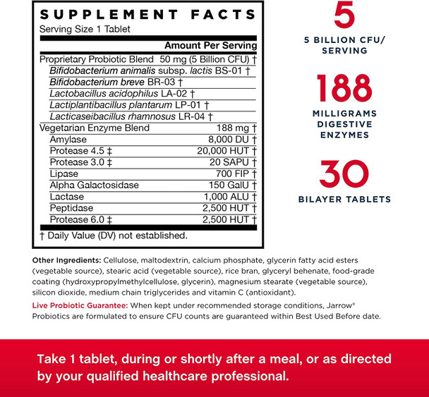 Jarrow Formulas Jarro-Dophilus Digest Sure - 5 Billion CFU + Digestive Enzymes - 30 Bilayer Tablets - Promotes Digestion & Nutrient Absorption - 30 Servings