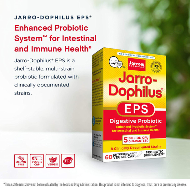 Jarrow Formulas Jarro-Dophilus EPS - 5 Billion Viable Organisms Per Serving - 60 Enteric Coated Veggie Caps - Multi-Strain Probiotic - Intestinal & Immune Health - Up to 60 Servings